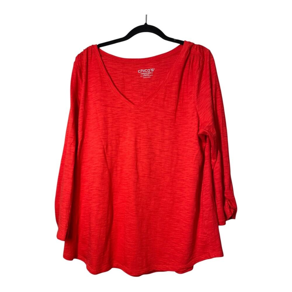 Chicos 3/4 Sleeve Cotton Modal V-neck Top Shirt Orange Red XL